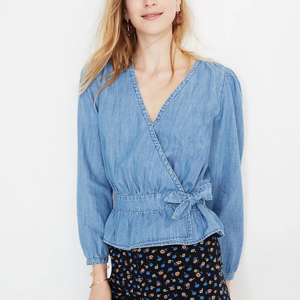 MADEWELL  TOP, DENIM TOP, PUFF- SLEEVE CROPED PEPLUM WRAP TOP  SIZE M